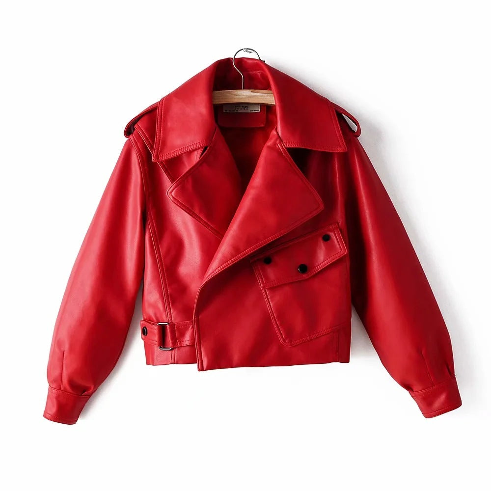 Lapel Short Motorcycle Leather Ladies Jacket