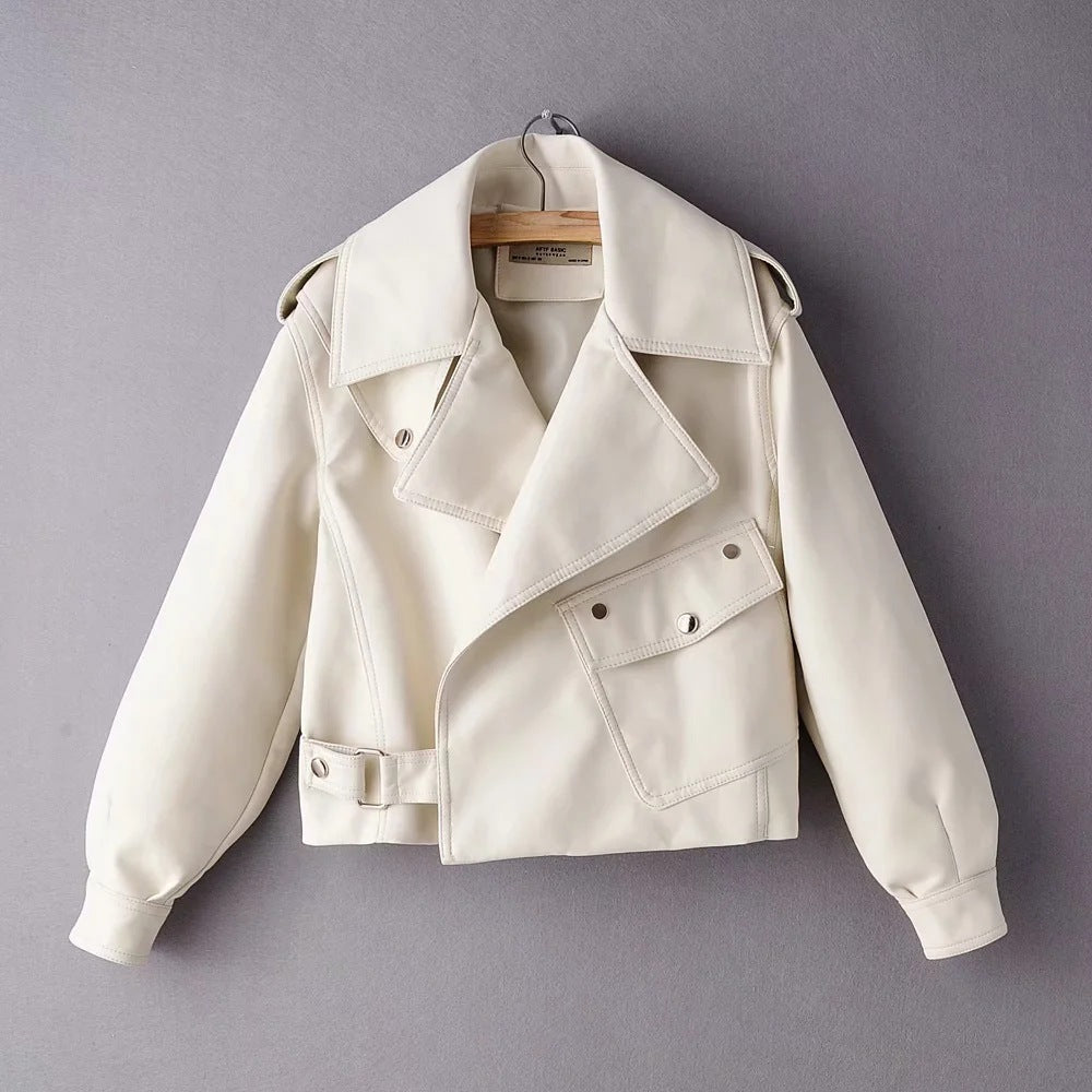 Lapel Short Motorcycle Leather Ladies Jacket