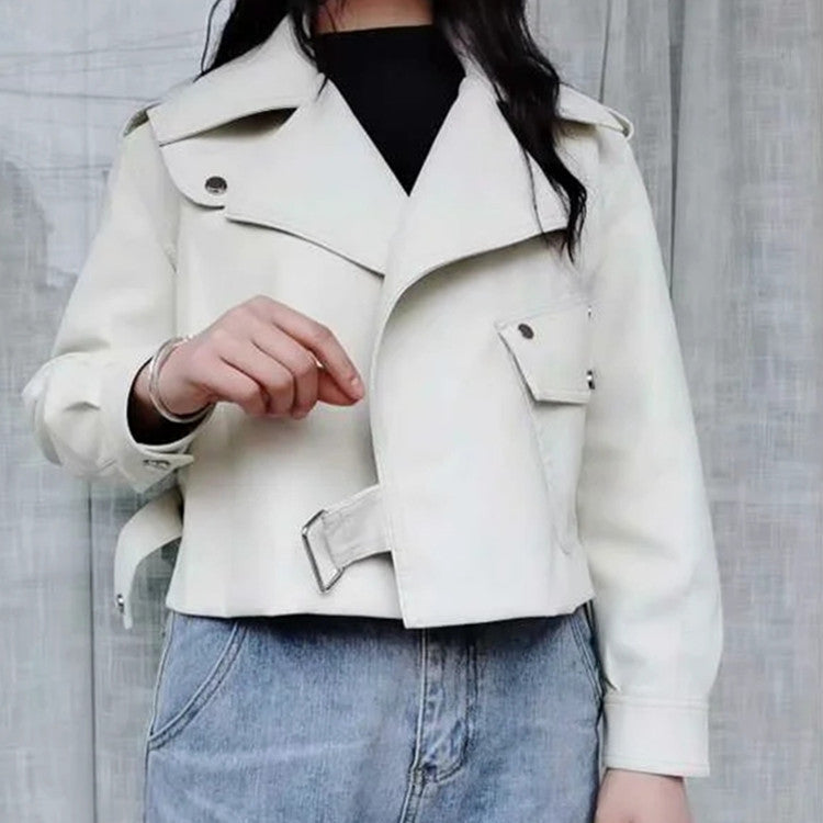 Lapel Short Motorcycle Leather Ladies Jacket