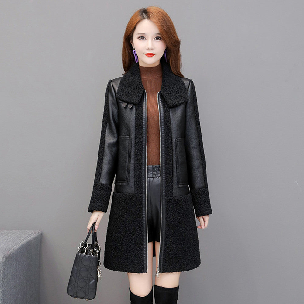 Ladies Leather Thickened Fur Coat Lapel