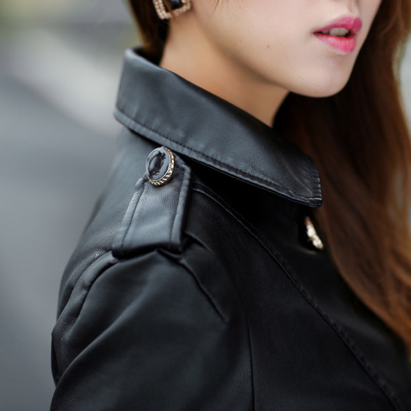 PU leather mid-length trench coat
