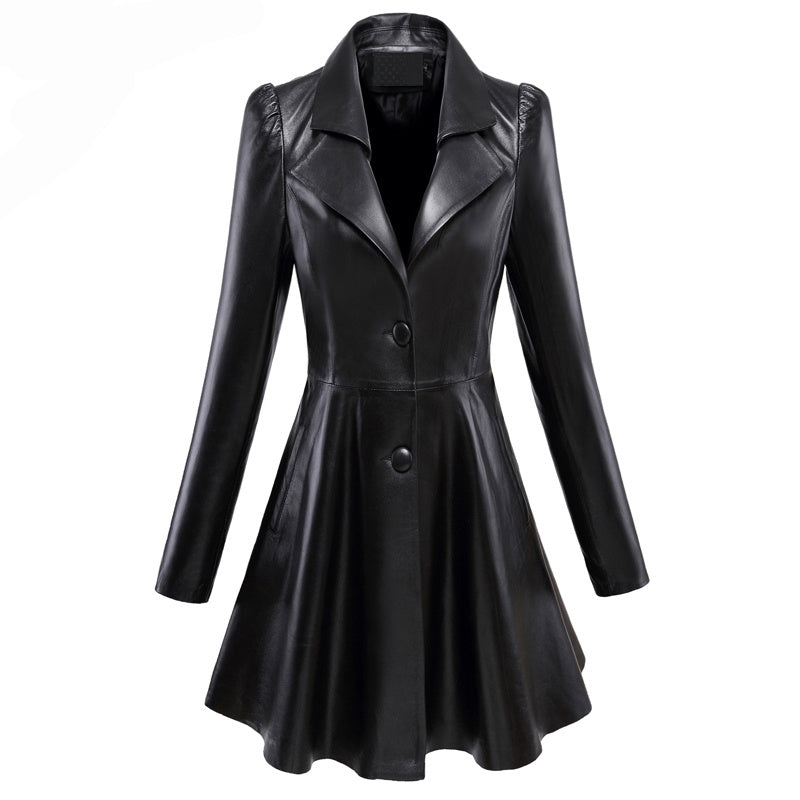 Oversized Long Leather Coat With Large Hem Trench