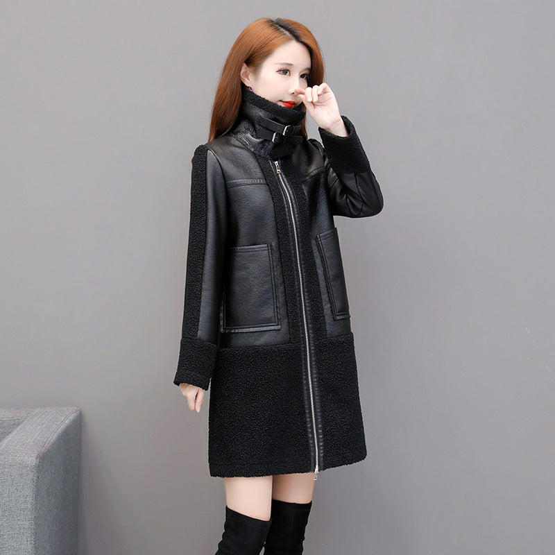Ladies Leather Thickened Fur Coat Lapel