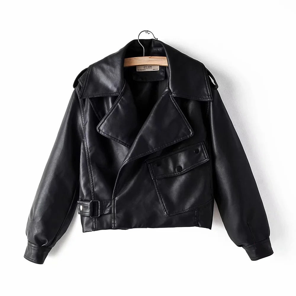 Lapel Short Motorcycle Leather Ladies Jacket