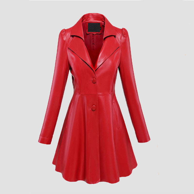 Oversized Long Leather Coat With Large Hem Trench