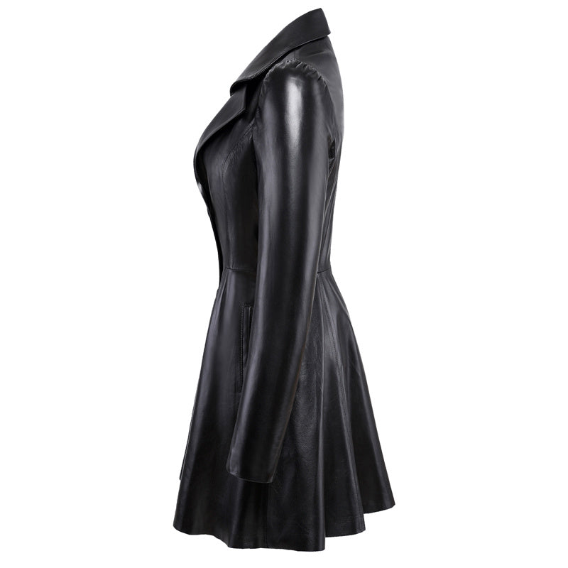 Oversized Long Leather Coat With Large Hem Trench