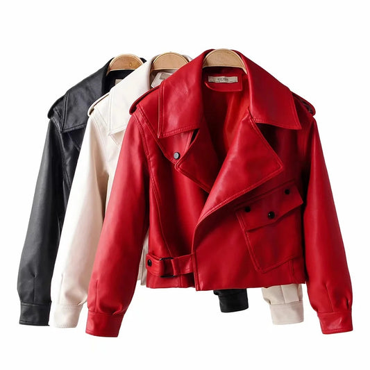 Lapel Short Motorcycle Leather Ladies Jacket