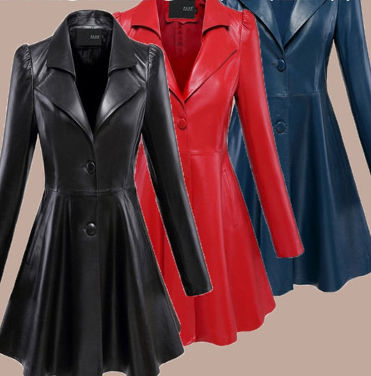 Oversized Long Leather Coat With Large Hem Trench